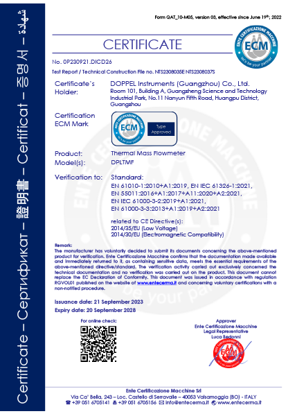 熱式氣體質量流量計CE證書